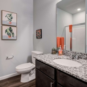 a bathroom with a large mirror